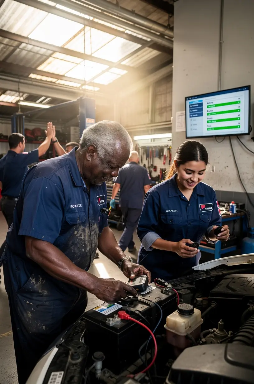 Close-up of mechanic using digital gauge to measure tire pressure for optimal driving conditions